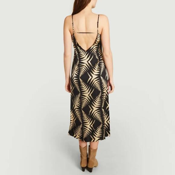 ba&sh Napi Dress Geo Print V Neck Backless Slip Midi Noir Black Tan NWT Large - Picture 4 of 15